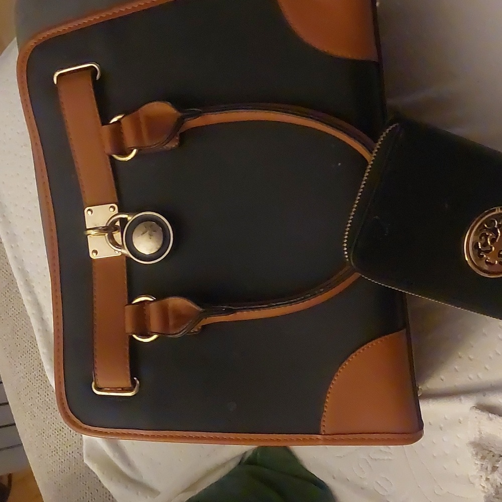 Elegant Black and Brown Women's Handbag Along With Clutch Style Wallet.
